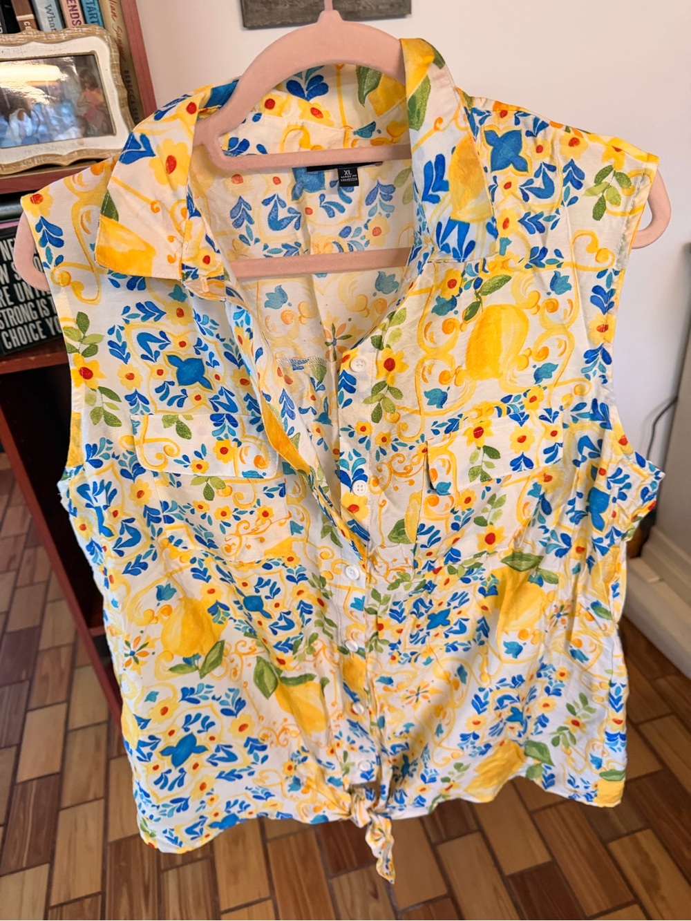 Ava & Grace Yellow and Blue Floral Tie-Front Button Down Shirt